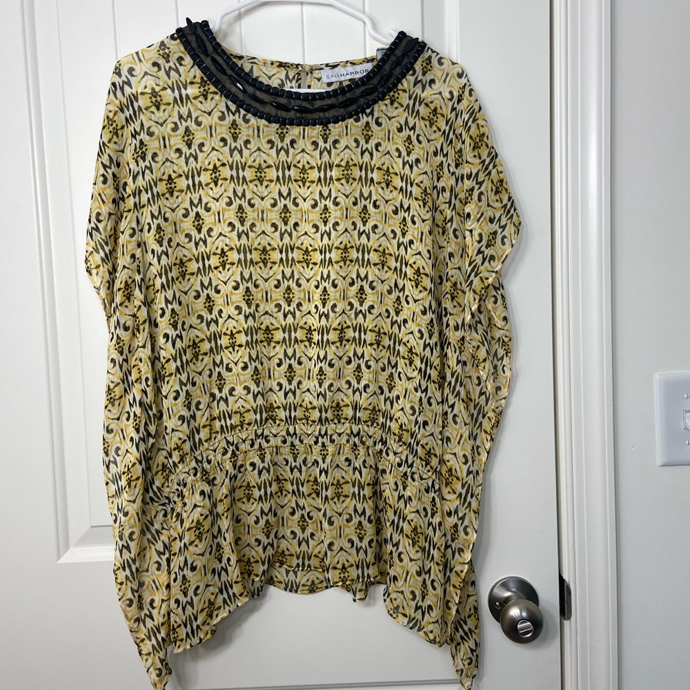 NWOT Sag Harbor women’s yellow black patterned beaded neck loose fit blouse XL